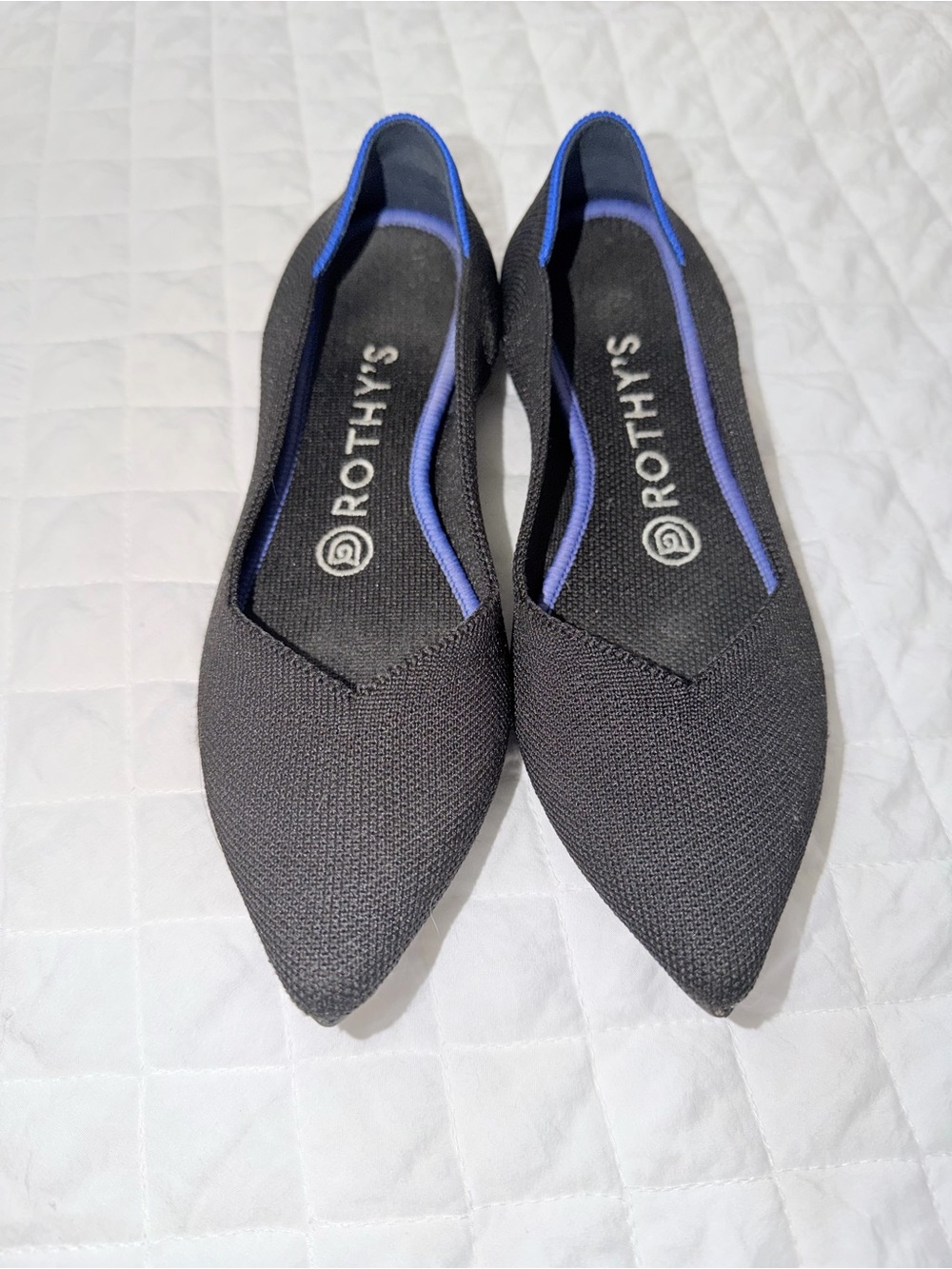 Rothy's Black Pointed Knit Flats with Blue Trim